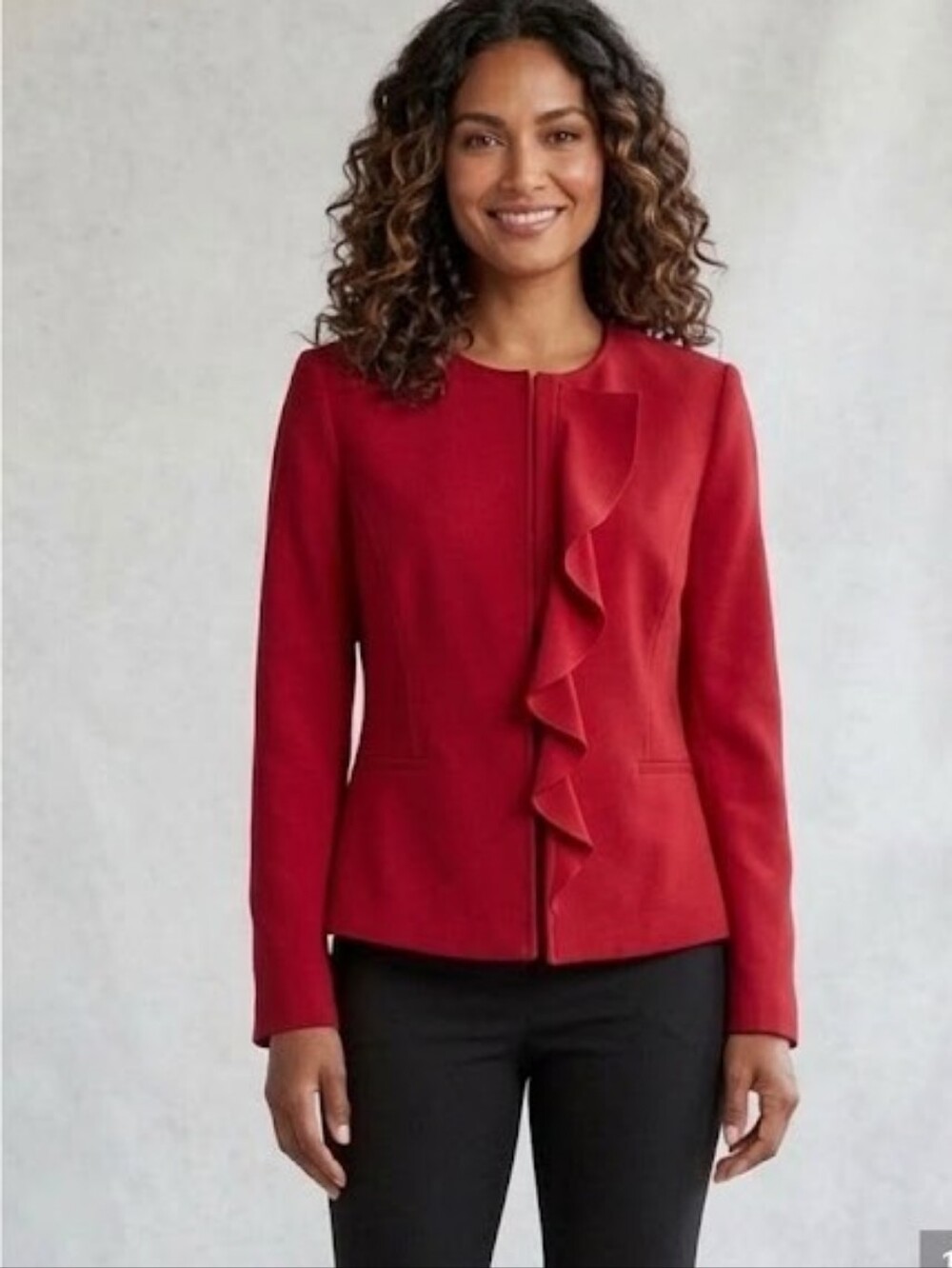 Tahari Asl Red Ruffle-Front Blazer Jacket